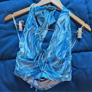 Cotton Candy LA Blue Halter Crop Top Tie Neck Printed Summer Top M